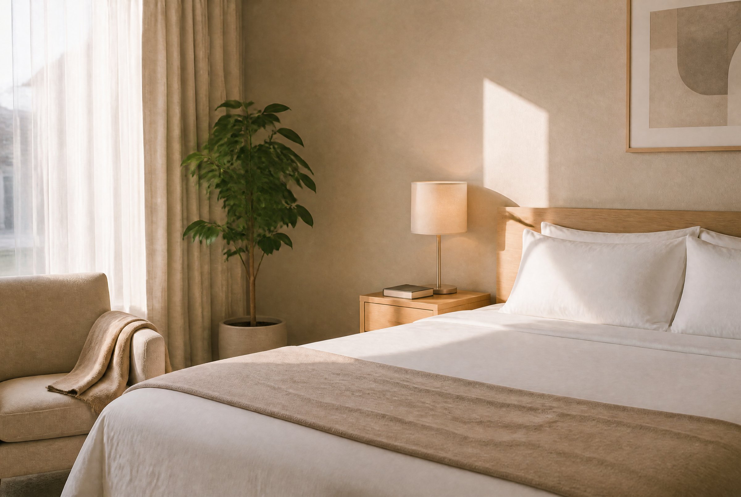 Hotelzimmer mit frisch bezogenem Bett, Nachttischlampe, Sessel und Topfpflanze am Fenster